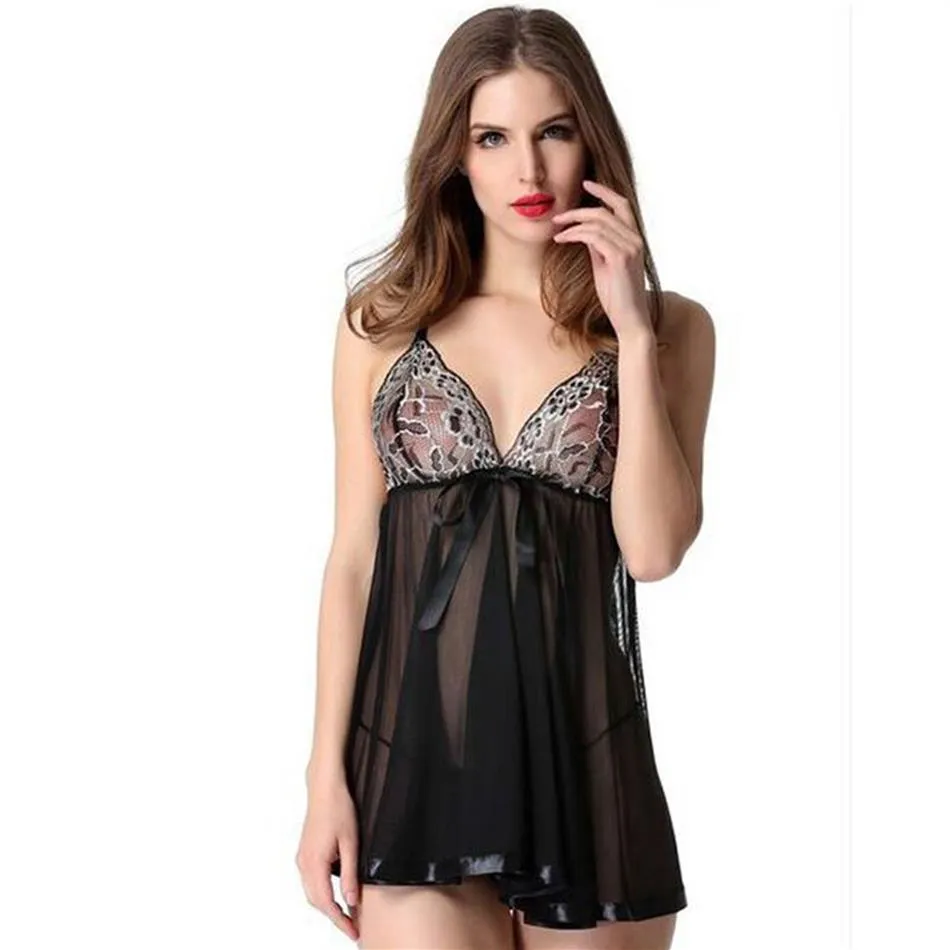 2017 été Sexy col en v profond sangle chemise de nuit femmes Lingerie Slik jupe dame dentelle Satin pyjamas grande taille vêtements de nuit 218R