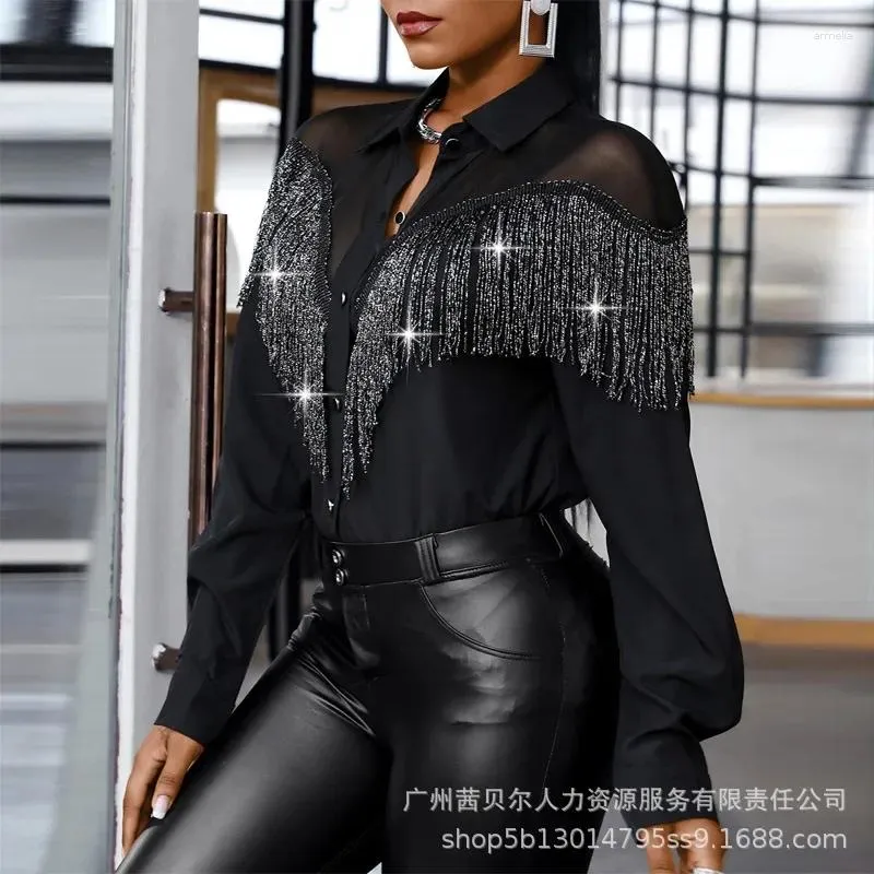 Women's Blouses Long Sleeve Tassels Black Casual Shirts Top Y2K Turtleneck Woolen Women Fashion Single Breasted Dance Party Shirt