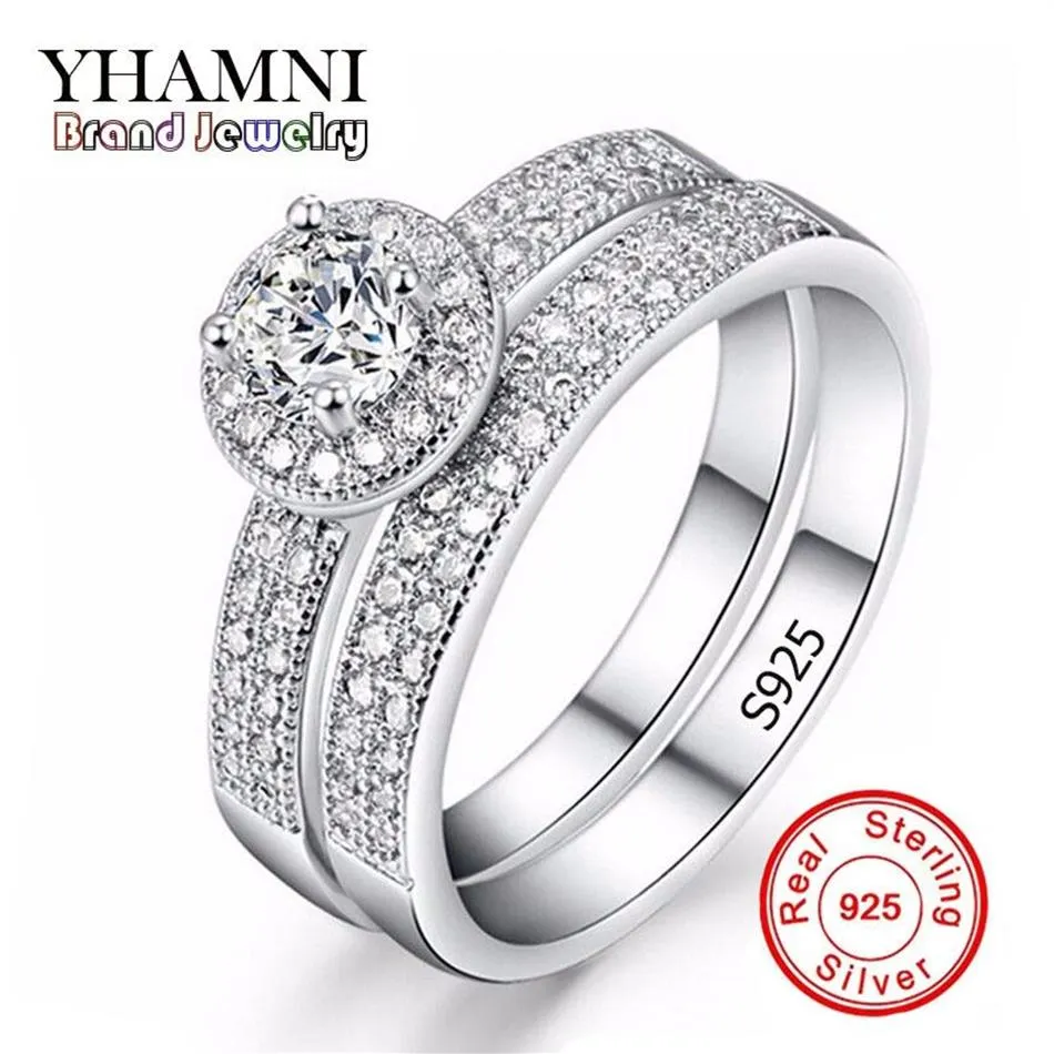 YHAMNI Pure Silver Round Engagement Ring Set With White And Blue CZ Blue Diamond Ring For Women