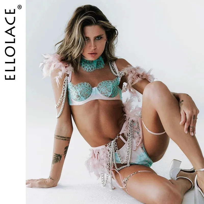 Sexy Set Ellolace Feather Lingerie For Women Underwear Uncensored 18 Tulle Bra With Chain See Through Erotic Delicate Lace Garter Outfits 231027