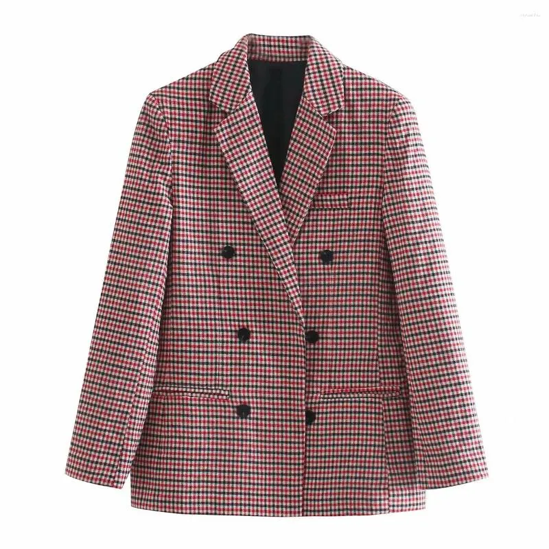 Costumes pour femmes Mode Femmes Double Boutonnage Check Blazers Manteau Vintage À Manches Longues Poches Costume Veste Femme Bureau Porter Des Vêtements D'extérieur Chic