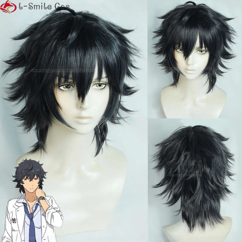 Catsuit Costumes Game ES Ensemble Stars Cosplay JIN SAGAMI Short Black Grey Glasses Heat Resistant Hair Wigs + Wig Cap