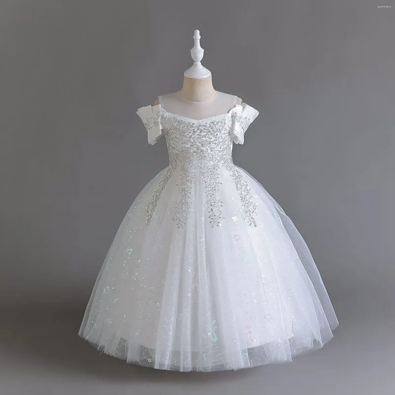 Abiti da ragazza eleganti per bambini, vestiti lunghi con paillettes, nappe, fiori bianchi da sposa, costume per adolescenti, abiti da ballo, vestido formale