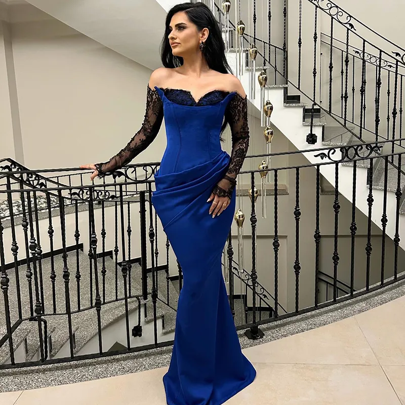 Charming Blue Evening Dress with Black Sleeve Sweetheart Pleat Bodycon Prom Gown Satin Long Cocktail Party Dress