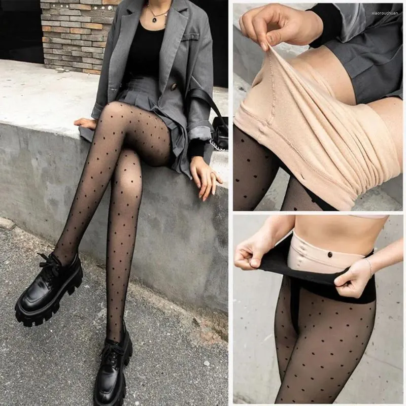 Leggings femininas dupla camada ponto ponto meia-calça durável preto fino cintura alta náilon calças magras nuas meias menina