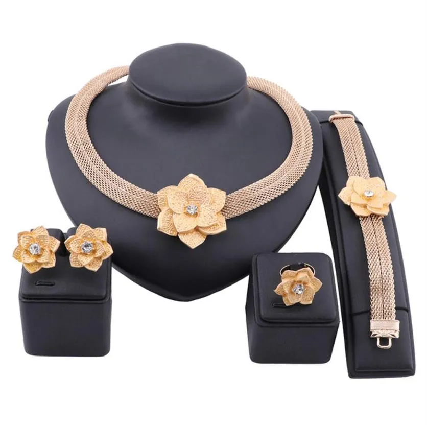 African Gold Color Flower Jewelry Sets For Women Bridal Wedding Gifts Party Necklace Earrings Ring Set Saudi Arabia Jewellery211m