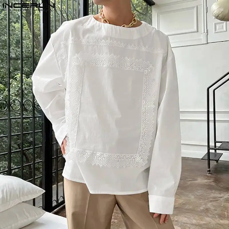 Männer T-shirts INCERUN Tops 2023 Koreanische Stil Hübsche Weiße Spitze Patchwork T-shirts Casual Modische Solide Langarm Camiseta S-5XL