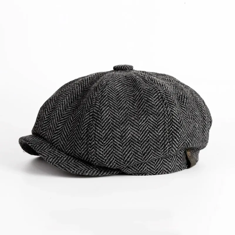 Mens Herringbone Tweed Beret - Retro Peaky Blinders Style