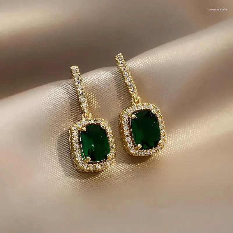 Boucles d'oreilles Design coréen, bijoux à la mode, plaqué or 14K, luxe carré vert Zircon, accessoires élégants pour fête de bal pour femmes