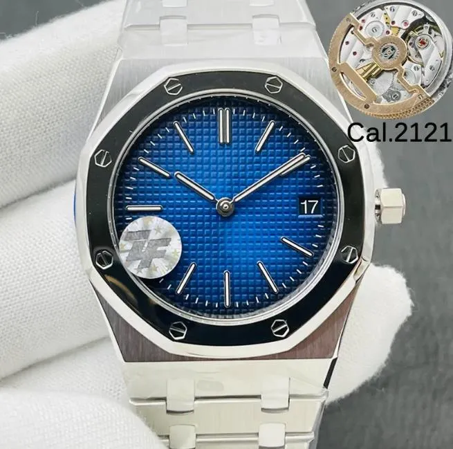 Mens Luxury ETA Silver Watch Cal.2121 Movement 39mm 15202 904L Rostfritt stål Blue Dial 5 Bar Waterproof Automatic Watches ALLA SUB DIALS FURKS fungerar