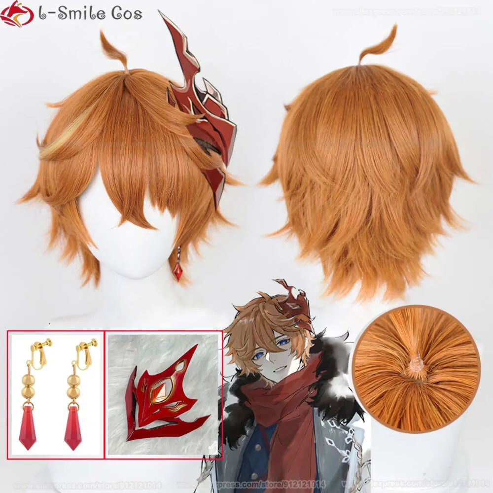 Catsuit Costumes cuir chevelu Genshin Impact 30 cm court Orange Tartaglia Cosplay Anime chapeaux résistant à la chaleur perruques + bonnet de perruque