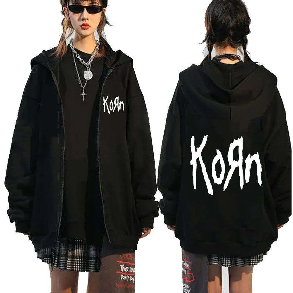 Korn Rock Band Heren S Hoodies Letterprint Ritsjassen Metal Gothic Grafische Sweatshirts Losse Casual Zip Up Capuchonjassen