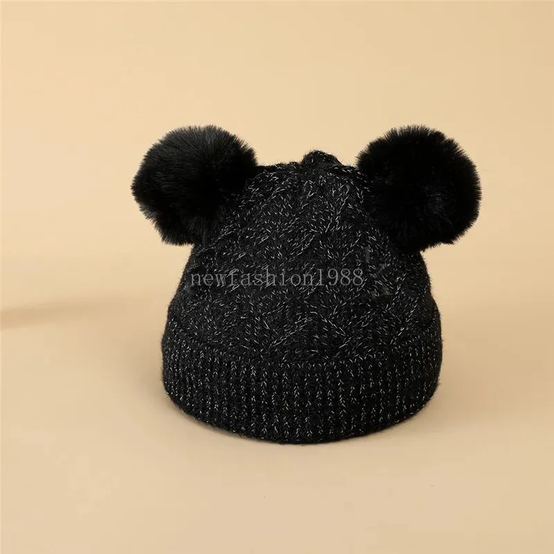 Solid color winter warm and cold-proof knitted hat with plush double fur balls cute woolen hat