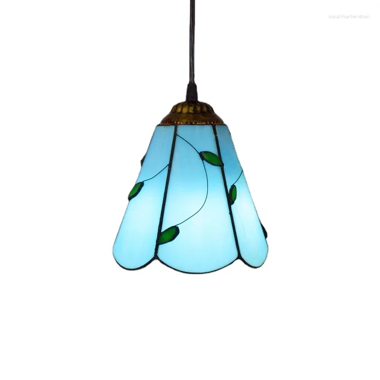 Pendelleuchten Fabrik Großhandel Tiffany-Stil 220 V Blue Leaf LED Buntglas Vintage Kronleuchter für Schlafzimmer