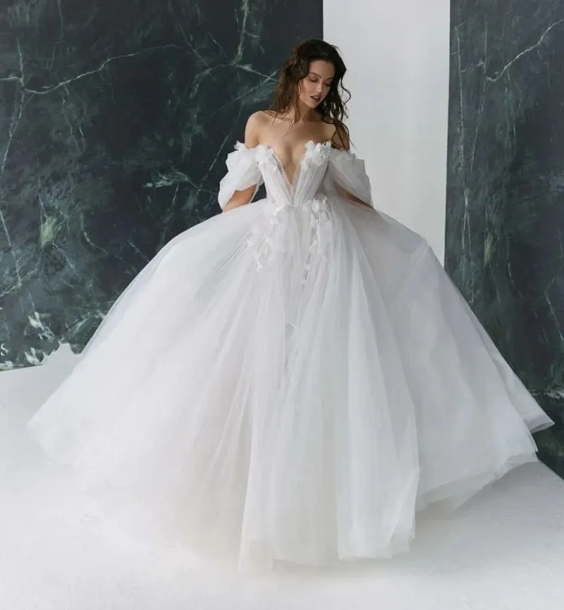 Graceful Hot Sale 3D Flower Wedding Dress 2024 with Detachable Sleeves Silt Bride Gowns Sweetheart Bridal Dresses Open Back Appliqued