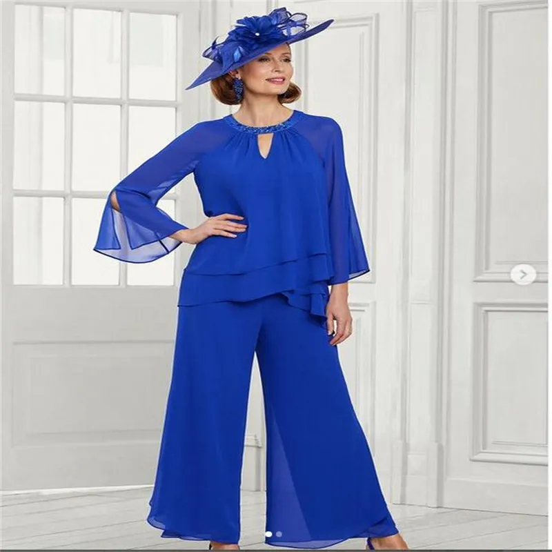 2023 mangas completas alta baixa mãe dos vestidos de noiva com miçangas azul royal chiffon robe pour de mariage md231026