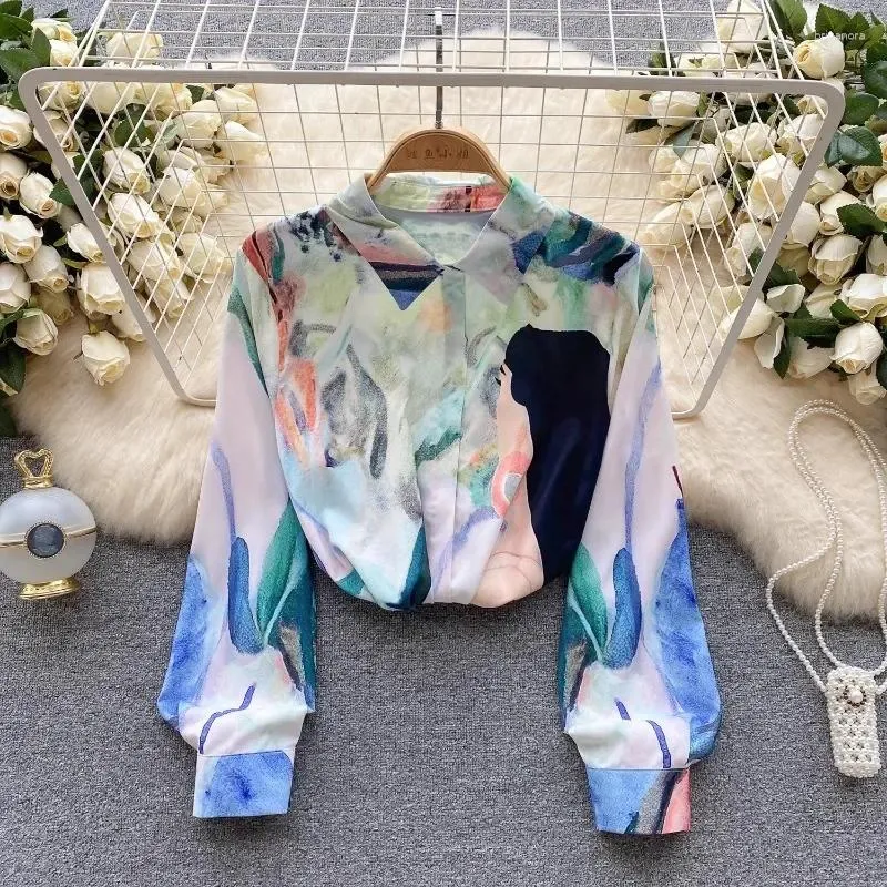 Bluzki kobiet francuska elegancka elegancka blusen damen 2023 kwiatowy nadruk kontrast kolor bluzki polo-dół kobiety blusas luźna kobieta kropla