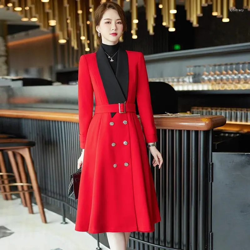 Kvinnors kostymer 2023 Autumn Winter Women Long Blazer Red Black Khaki Casual Sleeve With Belt Slim Coat Office Lady Wear Formal Jacket