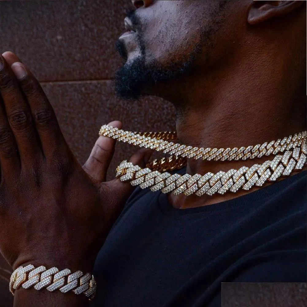 20 mm Männer Hip Hop Prong Cuban Link Kette Halskette Bling Iced Out 2 Reihe Strass gepflastert Miami Rhombus Halsketten Juwel Dhgarden Otxdq