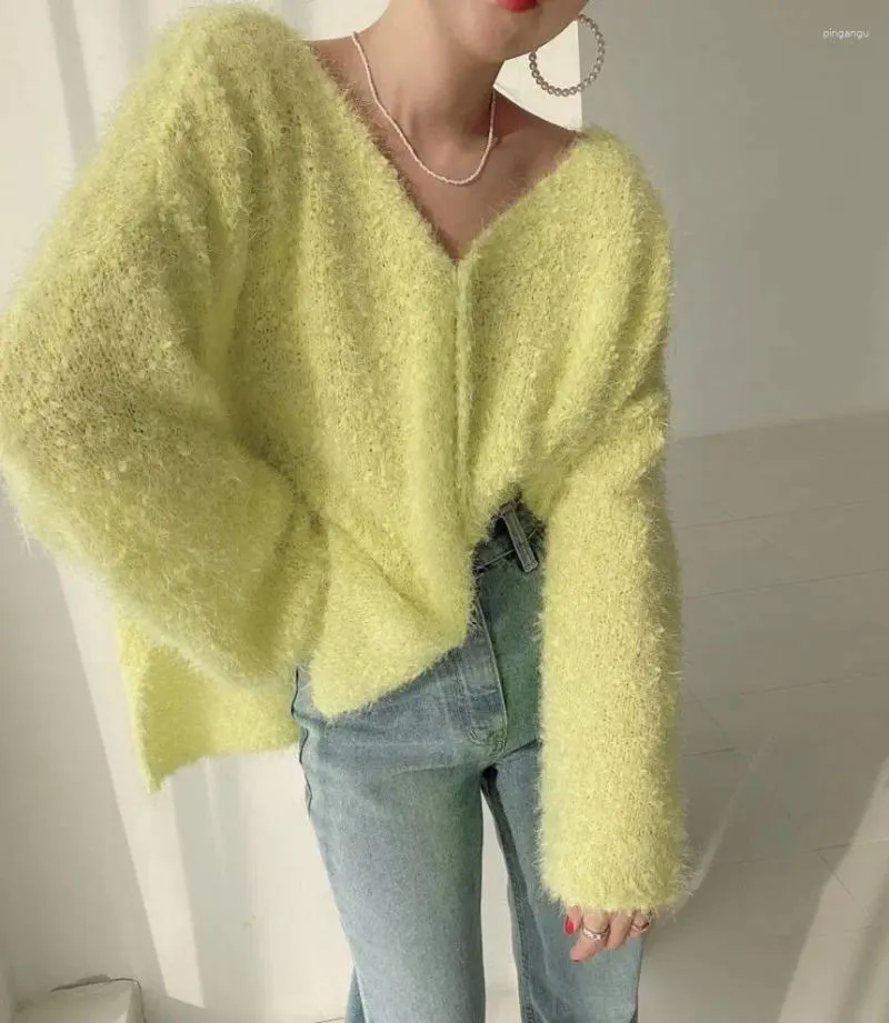 Tricots pour femmes Jaune Fourrure Chic Mohair Pull Casual Femmes Col V Mode Simple Lâche Cardigan Tricoté Manteau Extérieur Printemps Automne Top Tissu