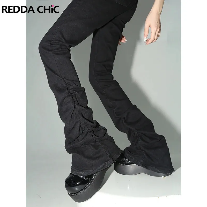 Jeans femininos REDDACHiC preto ruched flare jeans mulheres y2k alto elástico bootcut calças empilhadas calças de cintura alta harajuku goth grunge roupas 231027