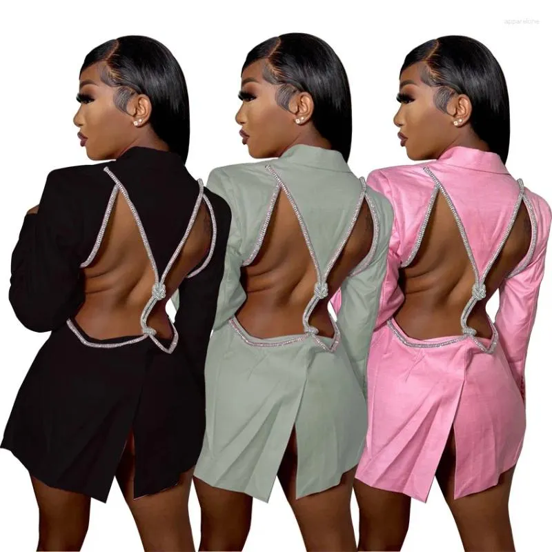 Vestidos casuais skmy sexy aberto de volta moda blazer vestido 2023 outono mulheres roupas botão profundo decote em v manga longa bodycon clubwear