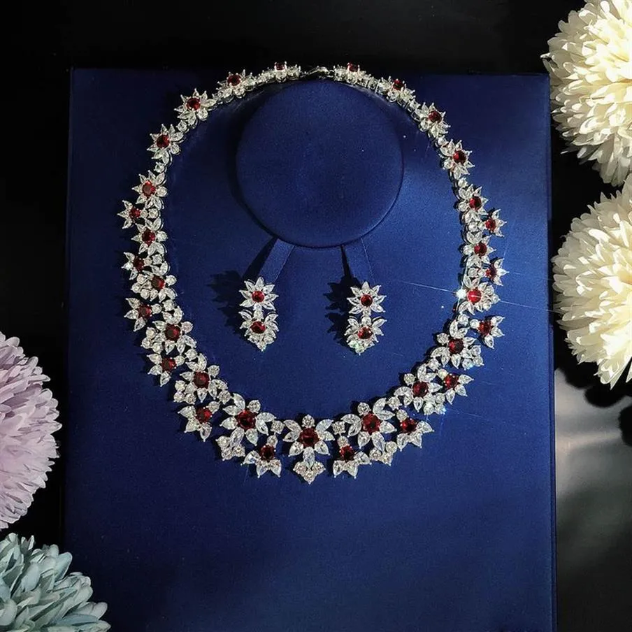 Conjunto de flores rojas de lujo extravagante, collar, pendientes, fiesta de baile, joyería de gama alta, regalo del Sector de celebridades, centelleo per210M