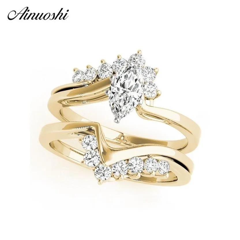 AINUOSHI 925 Sterling Argent Femmes Bague De Mariage Ensembles Couleur Or Jaune 0 8ct Marquise Amant Anniversaire Bague anillos de plata Y2001223h