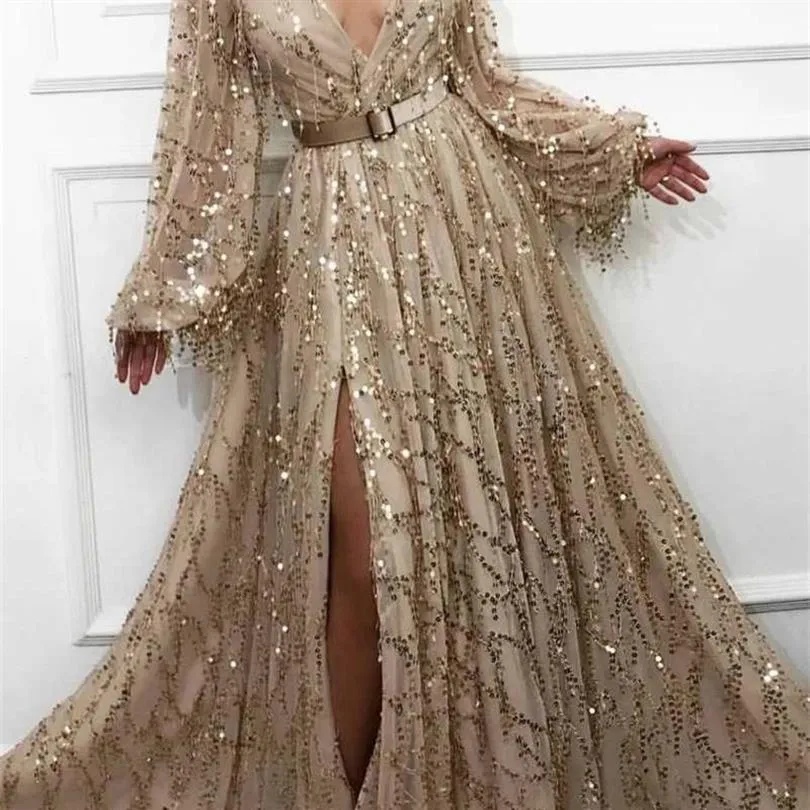 Sexy Abendkleider aus Gold mit Schlitz, neueste Mode, Pailletten, Spitze, Dubai, Saudi-Arabien, Abendkleider mit langen Ärmeln, formelles Partykleid 211101281T