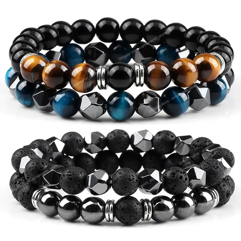 2 peças pulseira de pedra de lava de hematita irregular masculina moda 8mm contas de olho de tigre natural pulseiras para casais para mulheres amigos joias da moda pulseiras hematita