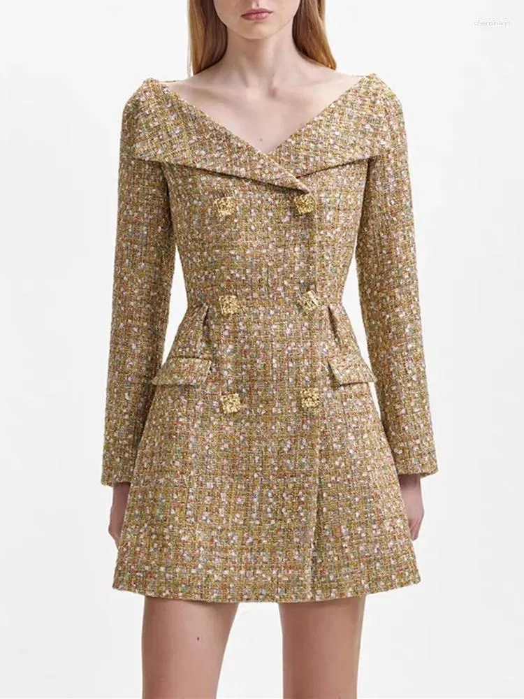 Casual Jurken Vrouwen Sexy Off-Shoulder Tweed Mini-jurk Gouden Knopen Lange Mouw 2023 Herfst Elegante Vrouwelijke A-lijn korte Gewaden