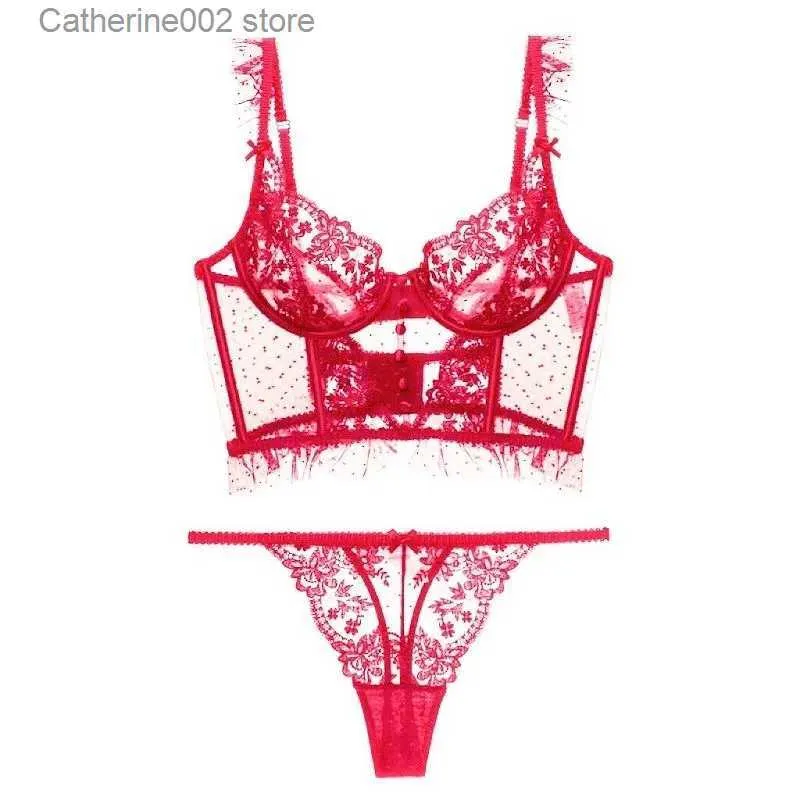 Sexy Set Floral Lace Bordado Bras Set Malha Dot Mulheres Sexy Lingerie Fina Push Up Bralette Bra + Tanga Set Ver Através Vermelho Conjuntos de Roupa Interior T231027