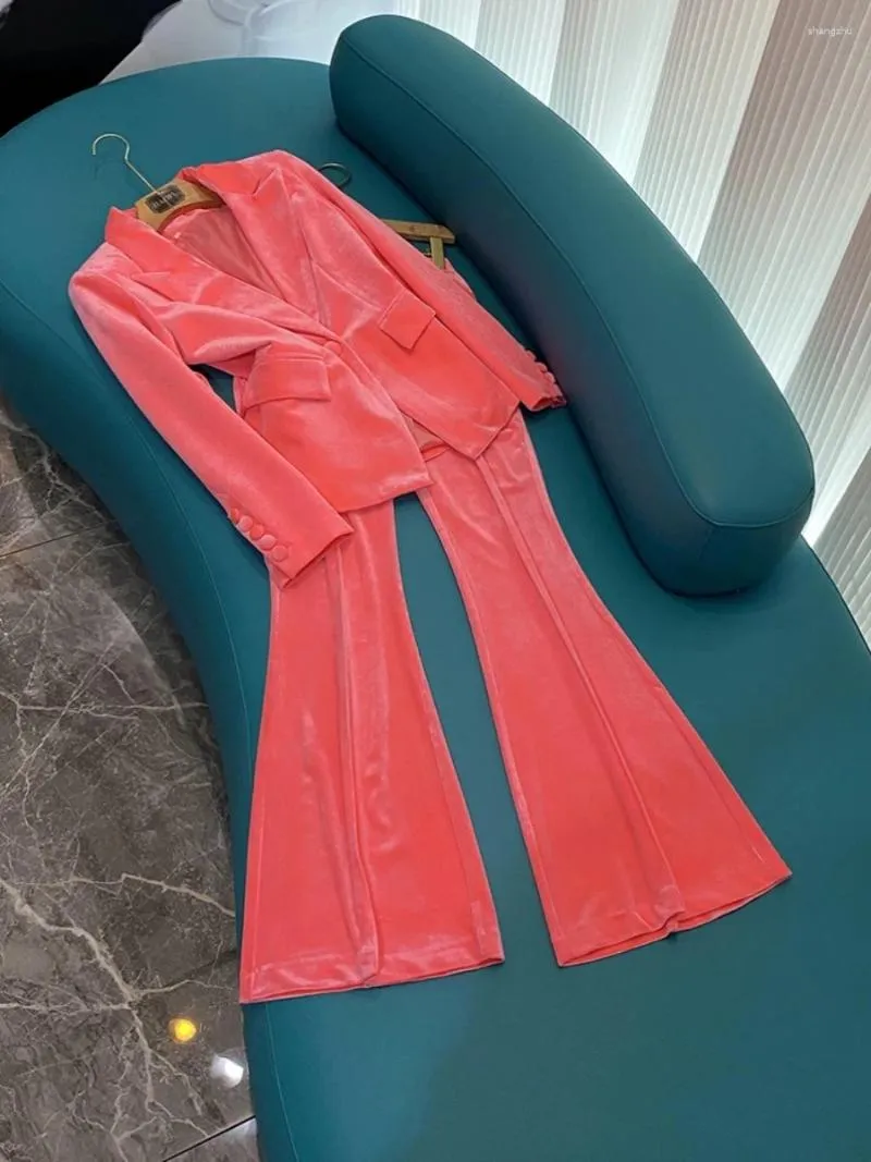 Women's Two Piece Pants Quality Velvet Designed Lady Solid Office Suit Single Button Long Sleeve Blazer Flared Women 2Pcs Pink