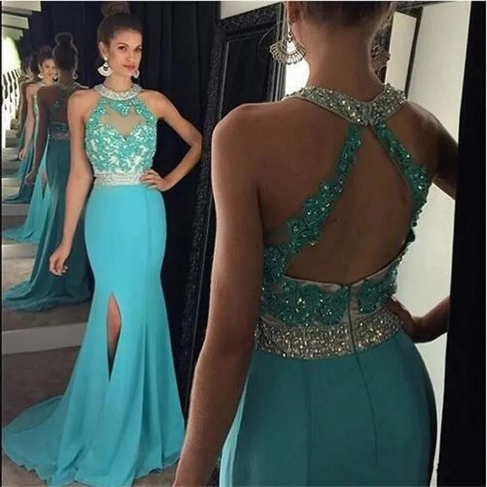 Turquoise Robe De Soiree Mermaid Halter Chiffon Lace Beaded Backless Sexy Long Prom Dresses Prom Gown Evening Dresses