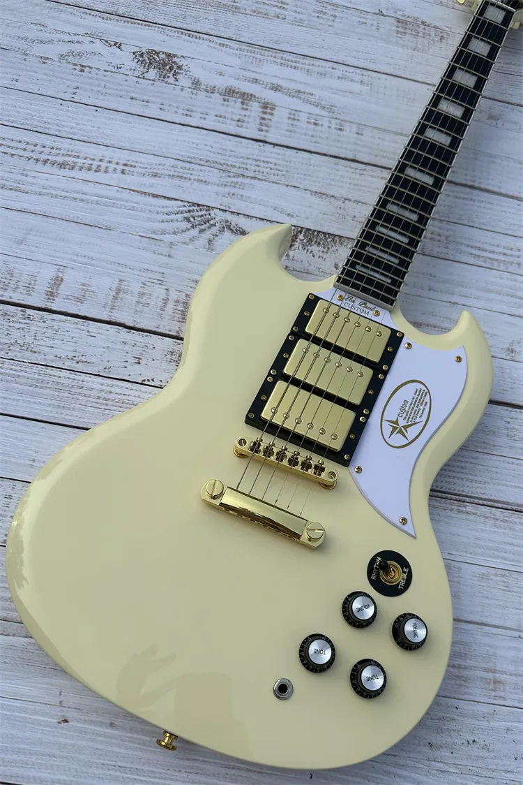 Guitarra elétrica personalizada SG Creme de guitarra elétrica Branco de acessórios dourados brilhantes em estoque Envio rápido