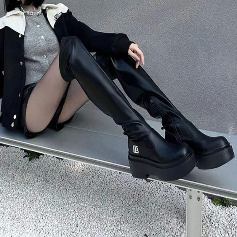 Boot High Heels Over The Kne Autumn Winter Platform Pu Leather Thigh Woman Buckle Decor Black Long Botas 231026