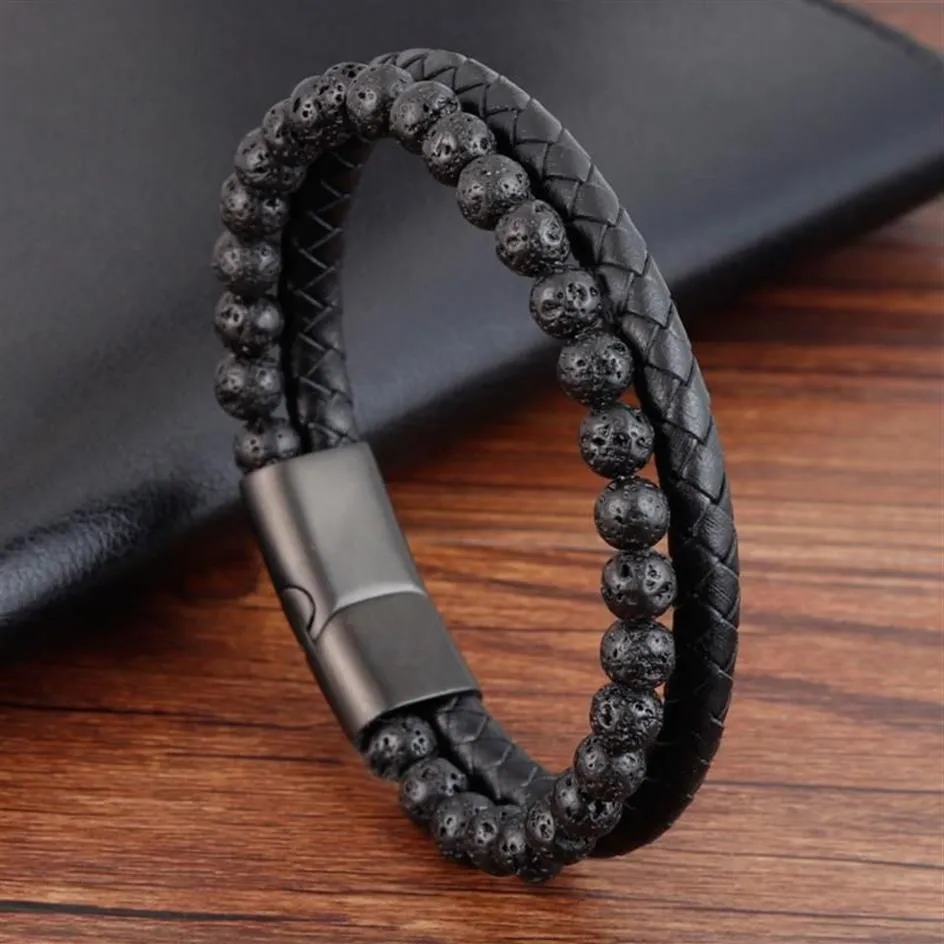 Mężczyźni Bealety Naturalny wulkan skórzana skóra magnetyczna krowia płaszona Trenda Bransoletka Armband Pulsera Hombre Drop229o