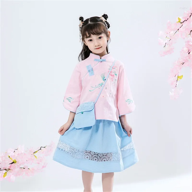 Ethnische Kleidung Mädchen Hanfu Chinesischen Stil Kostüm Prinzessin Rock Retro Tang-anzug Ausländische Sommer Kleid Hochzeit 2023 Rosa Blau