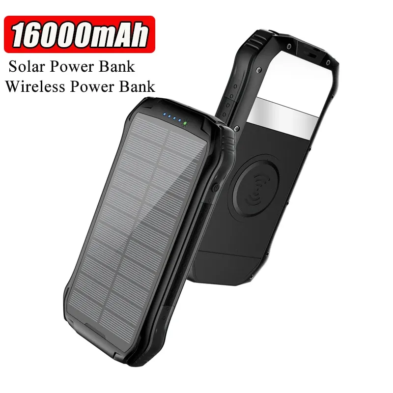 Solar Power Bank 16000mah Fast Charge Portable Charger Wireless PowerBank för iPhone 14 13 12 11 Pro Huawei Xiaomi 9 Samsung S23