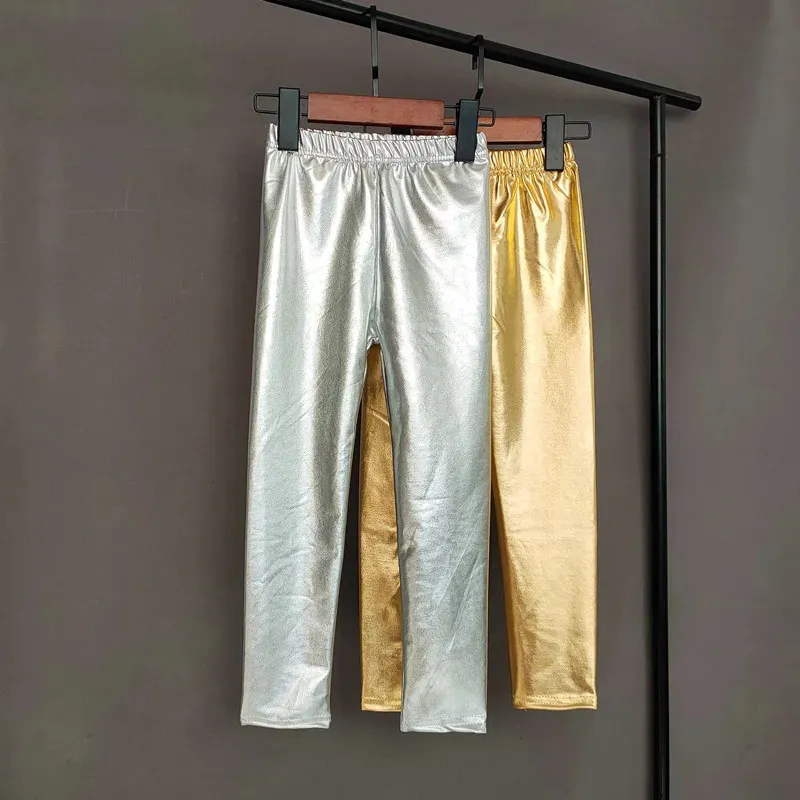 Leggings Tights Gold Silver Kids Pants Girls Spring Autumn Children Elastic Faux Leather Skinny Pencil Girl 231027