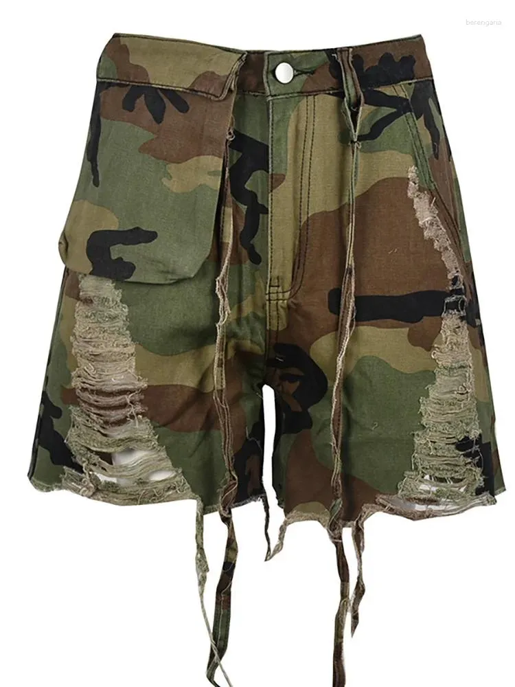 Pantaloncini da donna Moda casual Denim A vita alta Sciolti dritti Camouflage Nappe Scava fuori Jeans corti Primavera 2023