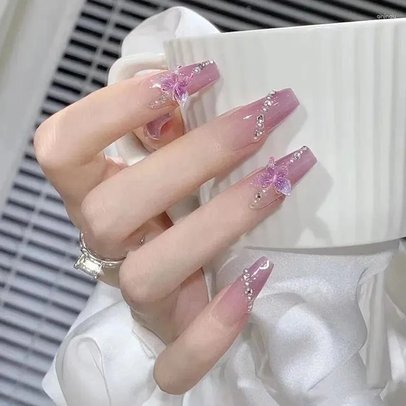 False Nails 24pcs Ballerina 팁 접착제 스틱이있는 분홍색 디자인에 반짝이는 아크릴 가짜