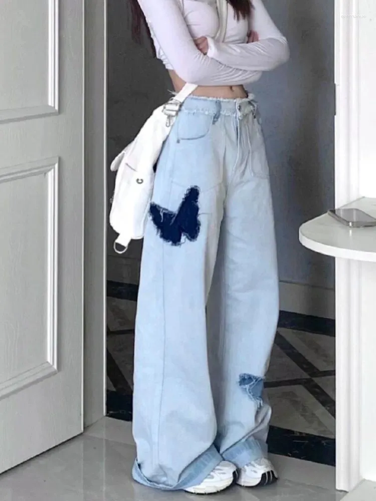 Jeans femininos houzhou y2k hippie azul baggy mulheres kpop gráfico denim calças oversize harajuku streetwear calças de perna larga retalhos