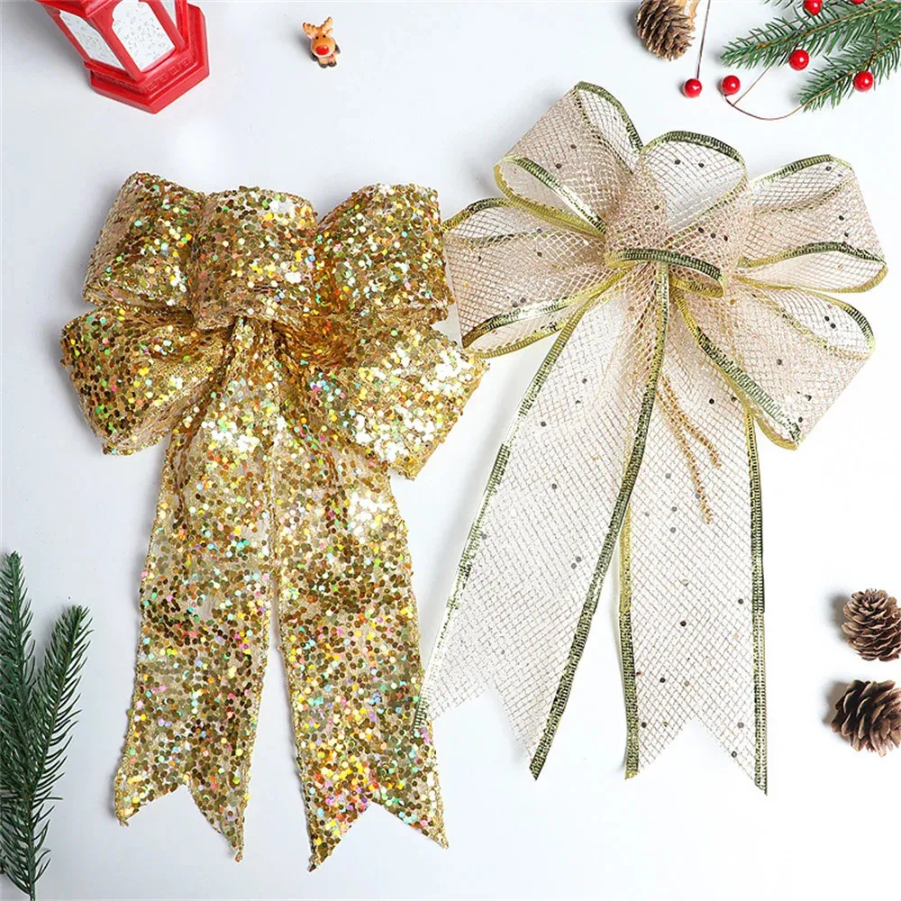 Decorazioni natalizie Nastro a rete glitterato Bowknot Albero di Natale fai da te Appeso pendente Grande fiocco per ornamenti per feste domestiche 231027