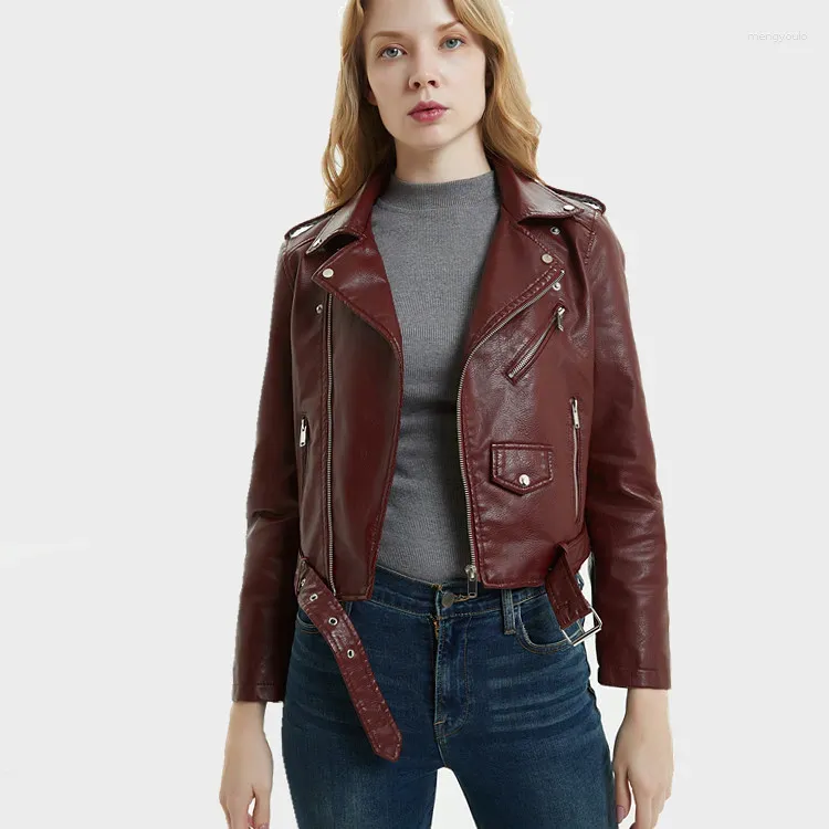 Women's Leather Spring Autumn Women Pu Faux Moto Jacket Short Lapel Motorcycle With Belt Red Wine Girls Coat Streetwear Big Size