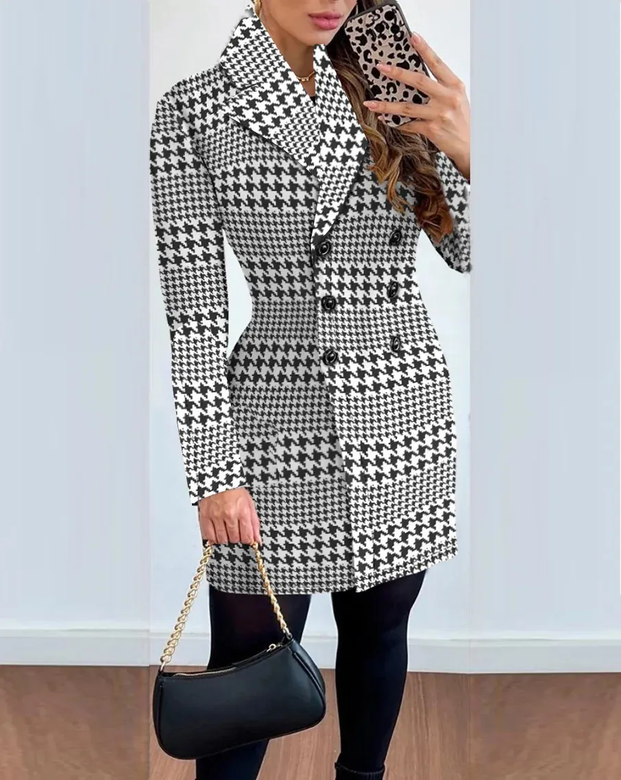 Женская повседневная верхняя одежда из смесовой шерсти с принтом, пальто, женский пиджак с отложным воротником на пуговицах и длинными рукавами, офисный пиджак Lardy 231026