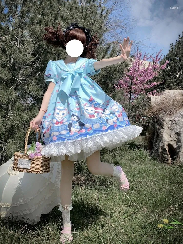 Feestjurken KIMOKOKM Kawaii Lolita-jurk Matrozenkraag Oorstrik Ruche Bladerdeegmouwen Kant Cartoon Afdrukken Zoete Mooie Prinses