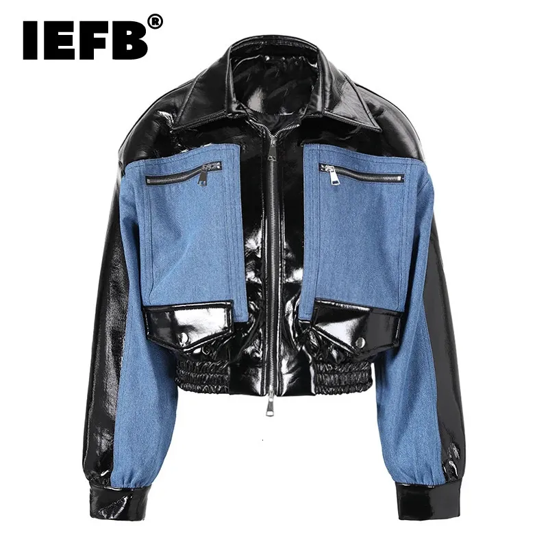 Men s Leather Faux IEFB Denim Patchwork Jackets Trend Fashion Silhouette Short Windbreake Korean Style Luxury Casual Pu Coat CPG0512 231027