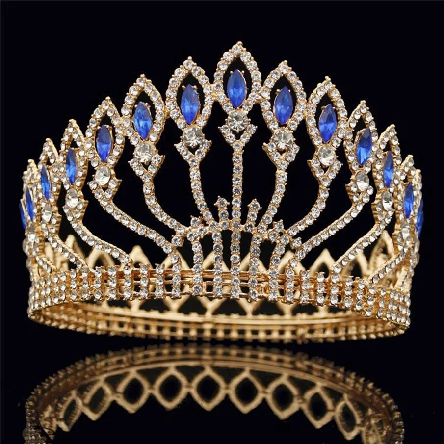 Corona grande de Metal y cristal a la moda, Tiaras nupciales, corona de boda rosa, joyería para el cabello, diadema para desfile, corona de reina y rey W01043320