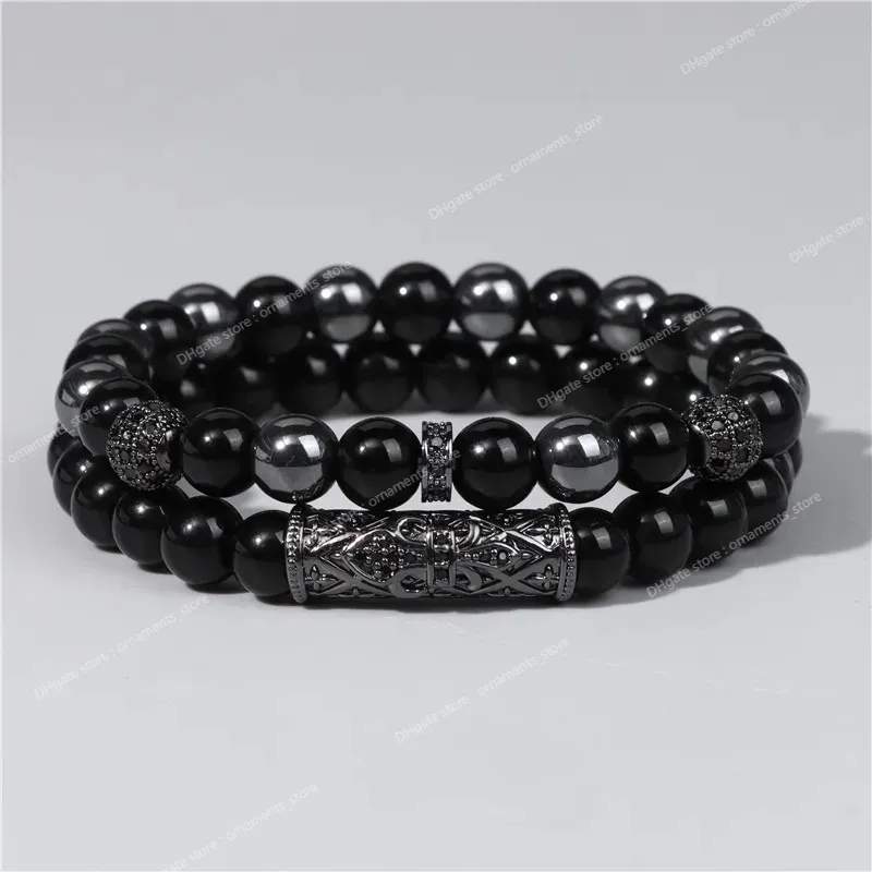 2pcs boncuk bilezik erkekler doğal kaplan göz hematit obsidiyen boncuklu bilezikler homme enerji streç bilezik erkek mücevher moda mücevherbracelets